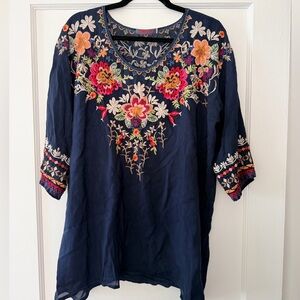Johnny Was Navy Floral Embroidered Top
